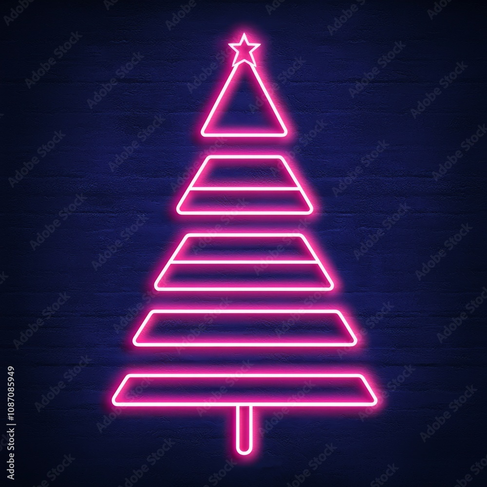 Fototapeta premium Pink neon Christmas tree on dark background.