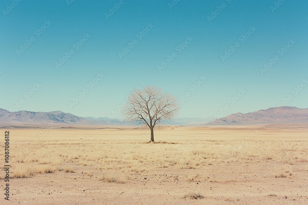 Solitary Tree Against a Vast Desert Landscape Under a Clear Blue Sky Solitary Tree Against a Vast Desert Landscape Under a Clear Blue Sky