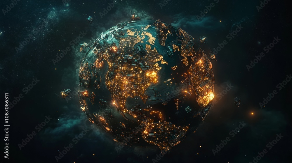 Obraz premium Futuristic depiction of global expansion featuring intricate infrastructure designs glowing connections and symbols of progress in a modern interconnected world