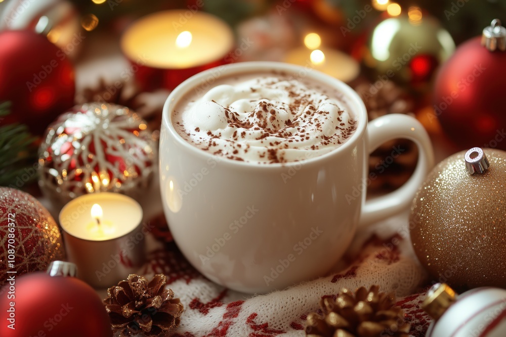 A cup of hot chocolate with whipped cream and sprinkled cocoa on top, surrounded by Christmas decorations and candles. Warm festive atmosphere with soft lighting, close-up shot, holiday postcard. A cup of hot chocolate with whipped cream and sprinkled cocoa on top, surrounded by Christmas decorations and candles. Warm festive atmosphere with soft lighting, close-up shot, holiday postcard.
