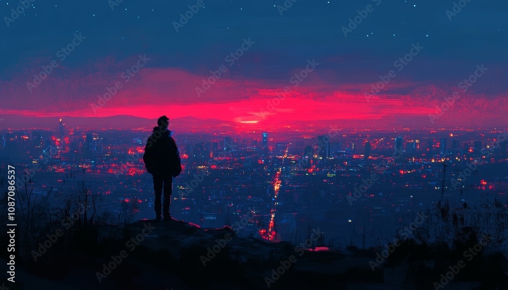 Solitude at Dusk, a lone figure gazes from a city edge into twilight, embracing the transition from day to night, immersed in introspective blues. Solitude at Dusk, a lone figure gazes from a city edge into twilight, embracing the transition from day to night, immersed in introspective blues.