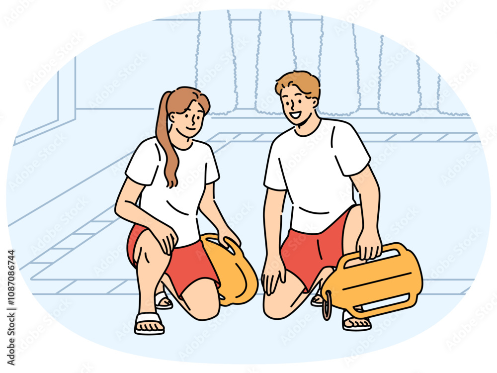 Obraz premium Pair of lifeguards sit by pool at hotel, holding swim training aids and keeping visitors safe. Smiling lifeguards or trainers working in fitness club urging people to visit swimming sports center