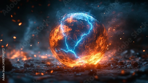 Elemental Sphere of Fire and Ice, a mystical orb radiating blue lightning amidst scattered debris, enveloped in an enchanting atmosphere.