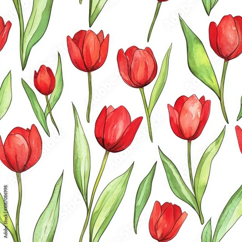 Wallpaper Mural Hand-painted Floral Fabric Design with Red Tulips and Spring Flowers, Crafted Watercolor Pattern Torontodigital.ca