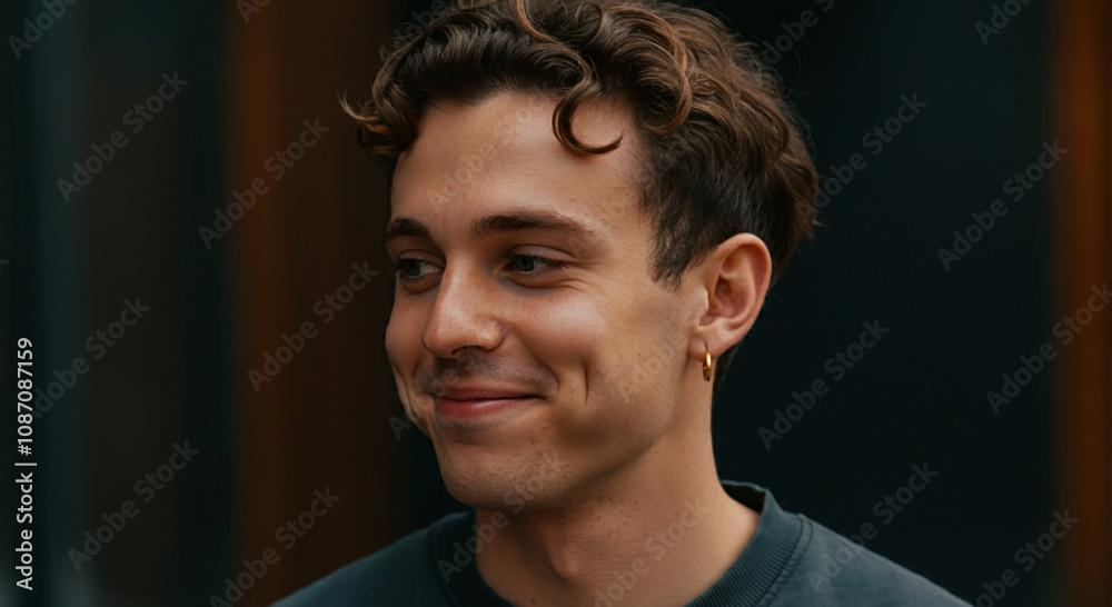 A smiling man wearing a small hoop earring for lifestyle and having short hair A smiling man wearing a small hoop earring for lifestyle and having short hair