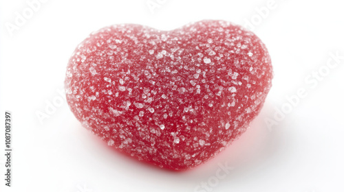 Sweet red heart shaped candy sugary texture romantic love Valentine Day delicious treat confectionery dessert food gummy jelly candy heart shape red white background studio shot single close up sweet