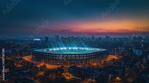 Aerial View of Illuminated Football Stadium at Dusk