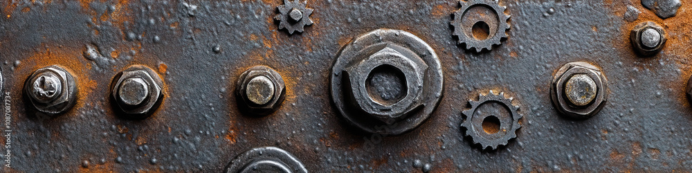 Rivets, bolts and gears in varying sizes and shapes create a striking textural pattern on a metal surface. Rivets, bolts and gears in varying sizes and shapes create a striking textural pattern on a metal surface.