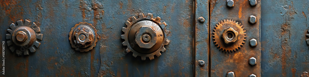Rivets, bolts and gears in varying sizes and shapes create a striking textural pattern on a metal surface. Rivets, bolts and gears in varying sizes and shapes create a striking textural pattern on a metal surface.