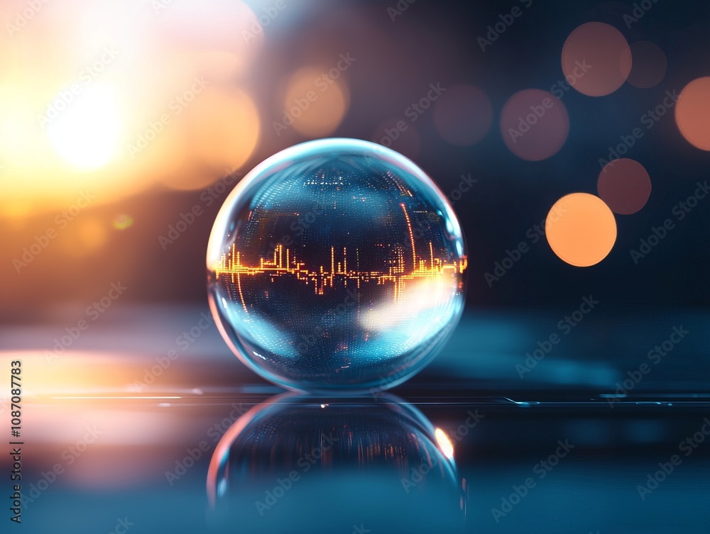 A glass orb reflecting vibrant lights and data patterns in a futuristic setting. A glass orb reflecting vibrant lights and data patterns in a futuristic setting.