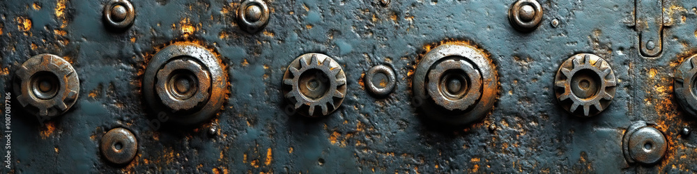 Rivets, bolts and gears in varying sizes and shapes create a striking textural pattern on a metal surface. Rivets, bolts and gears in varying sizes and shapes create a striking textural pattern on a metal surface.