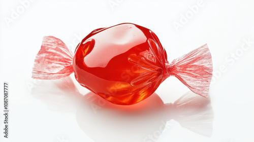 Shiny red hard candy sweet treat wrapped candy confectionery dessert food close up studio shot white background single object round glossy transparent delicious tempting sugary red wrapper candy