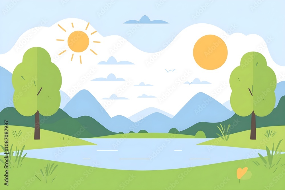 Beautiful landscape vector illustration of mountains, forests, fields and meadows. Stunning panoramic farm landscape with mountains in the background. Natural landscape Beautiful landscape vector illustration of mountains, forests, fields and meadows. Stunning panoramic farm landscape with mountains in the background. Natural landscape