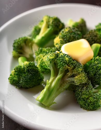 Steamed broccoli on a white plate with a few drops of melted butter