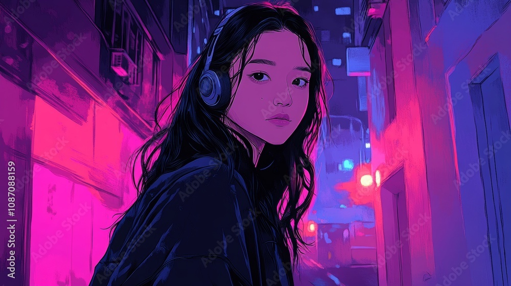 Urban Artist Vibes, minimalistic comic-style illustration of a young Asian artist in streetwear, confident in a moody urban setting with neon accents. Urban Artist Vibes, minimalistic comic-style illustration of a young Asian artist in streetwear, confident in a moody urban setting with neon accents.