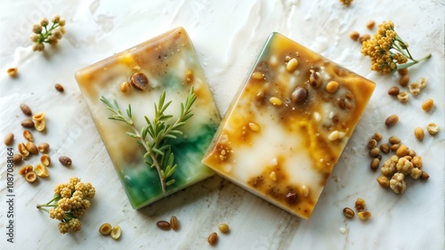Wallpaper Mural Two natural soaps with herbal ingredients and seeds on a marble background Torontodigital.ca