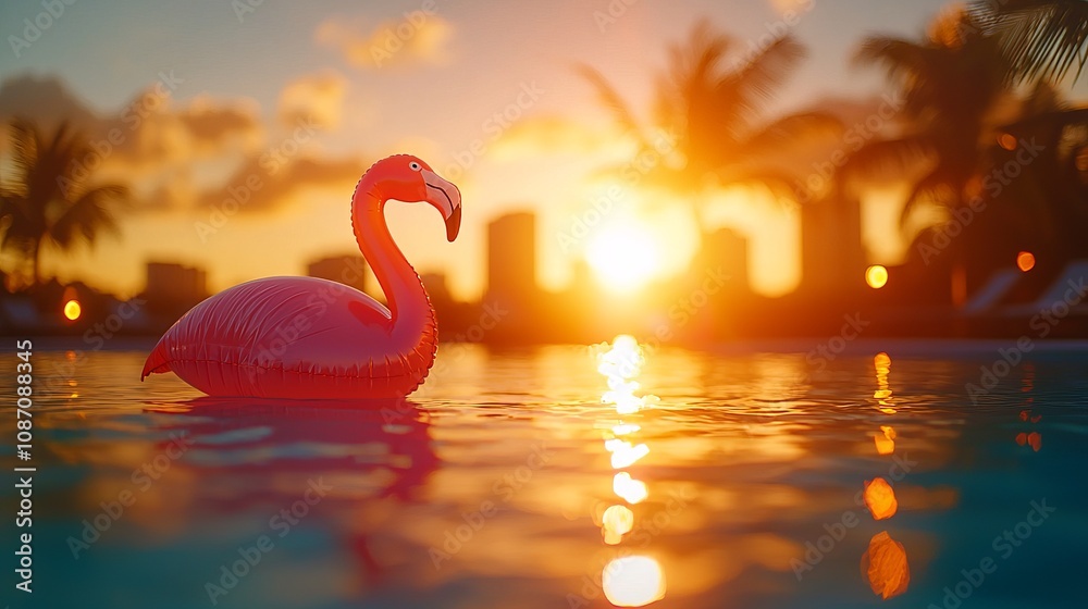 Fototapeta premium A pink flamingo float in a shimmering pool at sunset, evoking relaxation and summer vibes.