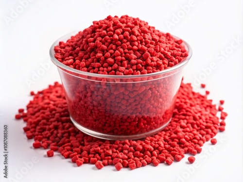 LLDPE Red Color Plastic Granule Masterbatch Pigment Granules in a Plastic Raw Material Cup Isolated on White Background for Industrial Product Catalog Design photo