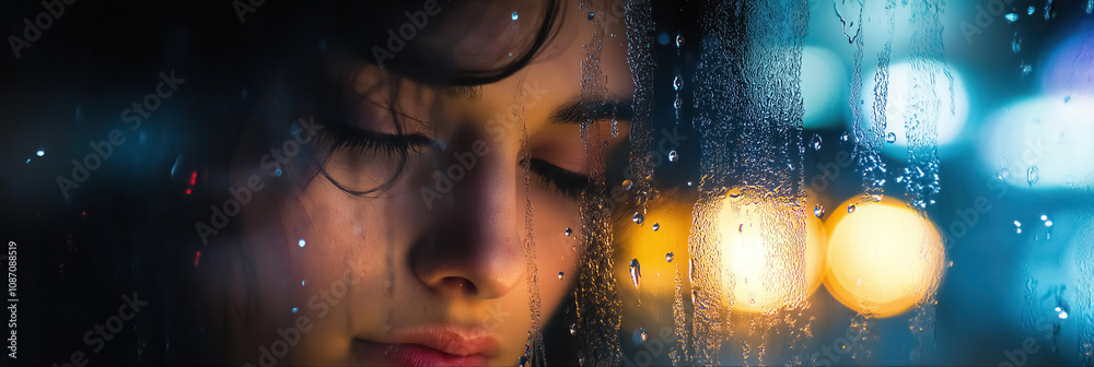 Obraz premium A contemplative woman gazing through a rain-streaked window at night