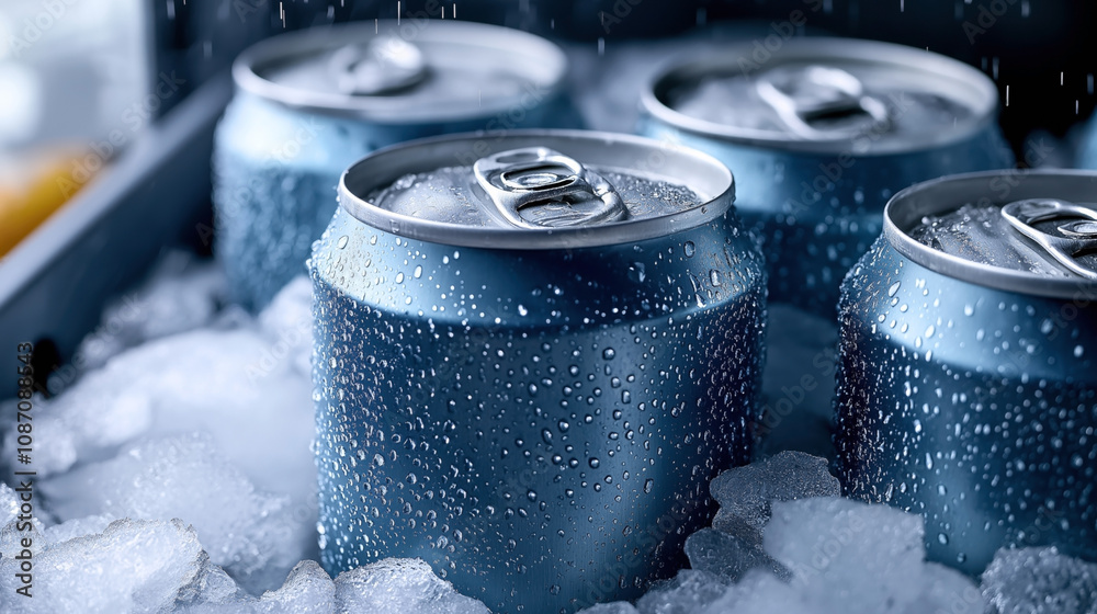 Close-up of chilled beverage cans in ice with condensation droplets on aluminum surface, creating a refreshing and cold appearance. Close-up of chilled beverage cans in ice with condensation droplets on aluminum surface, creating a refreshing and cold appearance.