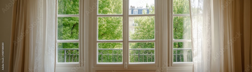 Fototapeta premium Elegant window with white curtains revealing a lush green view outside, creating a serene atmosphere.