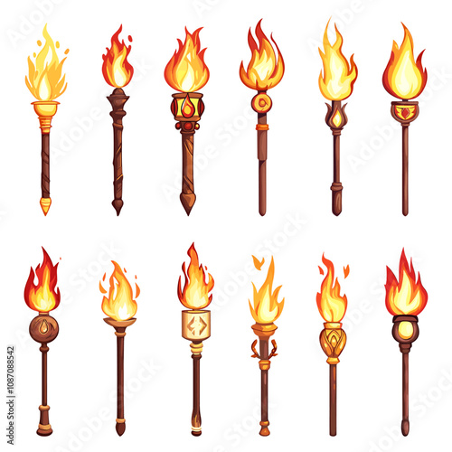 Flaming torch set. Sport olympic game symbol bright fire burning on wooden handle. Ancient lantern for illumionation castle cave torchlight. Cartoon style isolated vector clipart collection