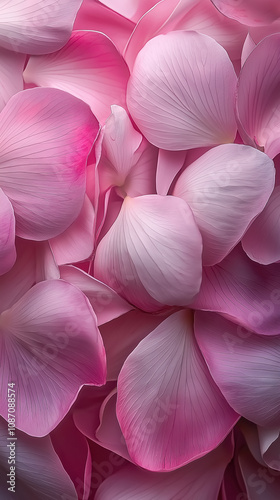 A close-up top view of pink flower petals spread across the surface, showcasing their texture and varying shades of pink