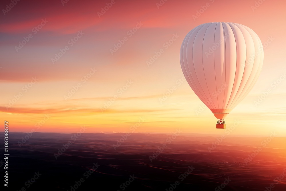Obraz premium A vibrant hot air balloon soaring through a colorful sunset sky.