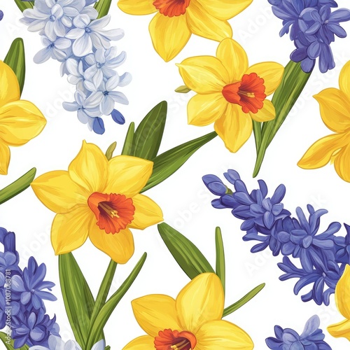 Vintage Floral Pattern with Daffodils and Hyacinths in Blue and Yellow Tones