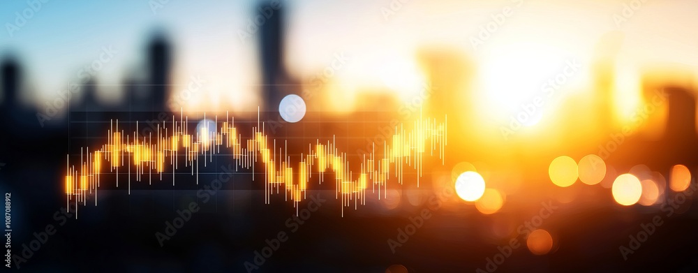 Obraz premium Abstract representation of data trends and financial markets against a sunset backdrop.