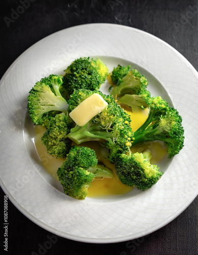 Steamed broccoli on a white plate with a few drops of melted butter