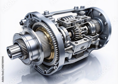 Long Exposure of Car Gearbox Differential Displayed on a White Background, Showcasing Intricate Mechanical Components and Engineering Precision in Automotive Technology