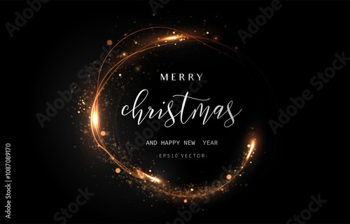 Gold light circle with with glittering dust and shimmery particles. 2025 Happy New Year and Merry Christmas Abstract shiny color gold wave design element