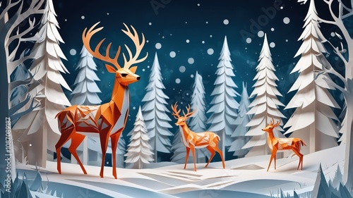 Fototapeta Naklejka Na Ścianę i Meble -  Abstract scene of a paper deer standing gracefully in a magical layered paper winter world with serene snowy details.