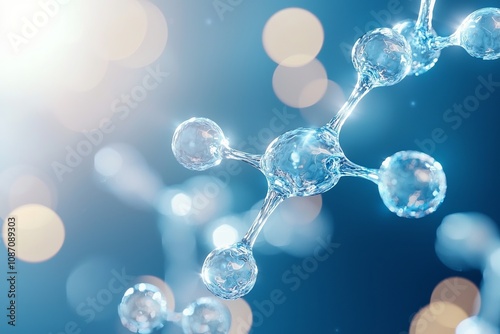 Close-up view of molecular structure emphasizing water molecules in a glowing background. photo