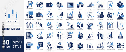Stock Market Icon collection set. Containing stock, stock exchange, financial goal, investment, market analysis, market growth icons. Vector Illustration