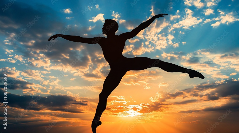 Silhouette of a male ballet dancer posing with arms outstretched against a dramatic sunset sky. Silhouette of a male ballet dancer posing with arms outstretched against a dramatic sunset sky.