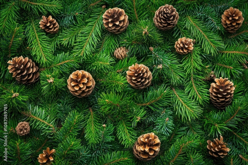 Pine Cones on Evergreen Background Pine Cones on Evergreen Background