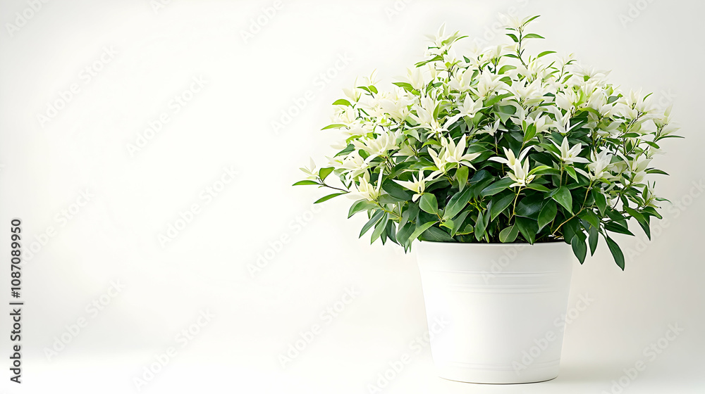 A White Potted Plant with Lush Green Leaves and Delicate White Flowers Against a Simple White Background A White Potted Plant with Lush Green Leaves and Delicate White Flowers Against a Simple White Background