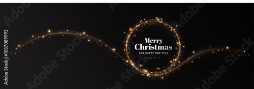 Gold light circle with with glittering dust and shimmery particles. 2025 Happy New Year and Merry Christmas Abstract shiny color gold wave design element	