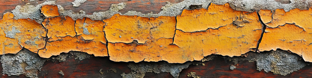 The weathered texture of old wood grain, peeling paint and exposed metal create an industrial-inspired composition. The weathered texture of old wood grain, peeling paint and exposed metal create an industrial-inspired composition.