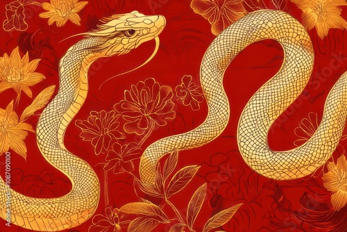 Elegant Snake Design on Red Floral Background