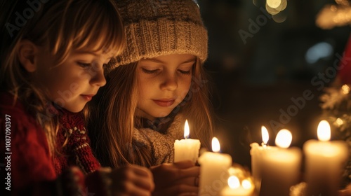 Peaceful Christmas Eve with a family lighting candles in a cozy chapel, their faces glowing in reverence, embracing traditions passed down through generations