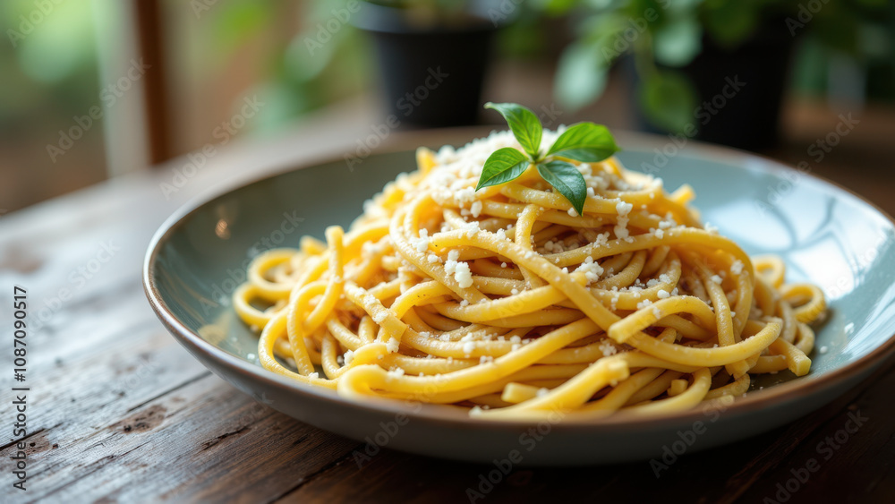 Plate of mafaldine pasta with grated cheese and a basil leaf on wooden table. Plate of mafaldine pasta with grated cheese and a basil leaf on wooden table.