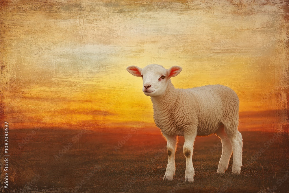 Obraz premium Adorable Lamb Against Sunset Background