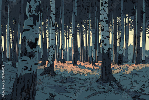 Forest landscape with birch tree trunks in foreground. Tree with stripes. Morning evening sun light rays. Wild nature beauty background. Cartoon style vector illustration