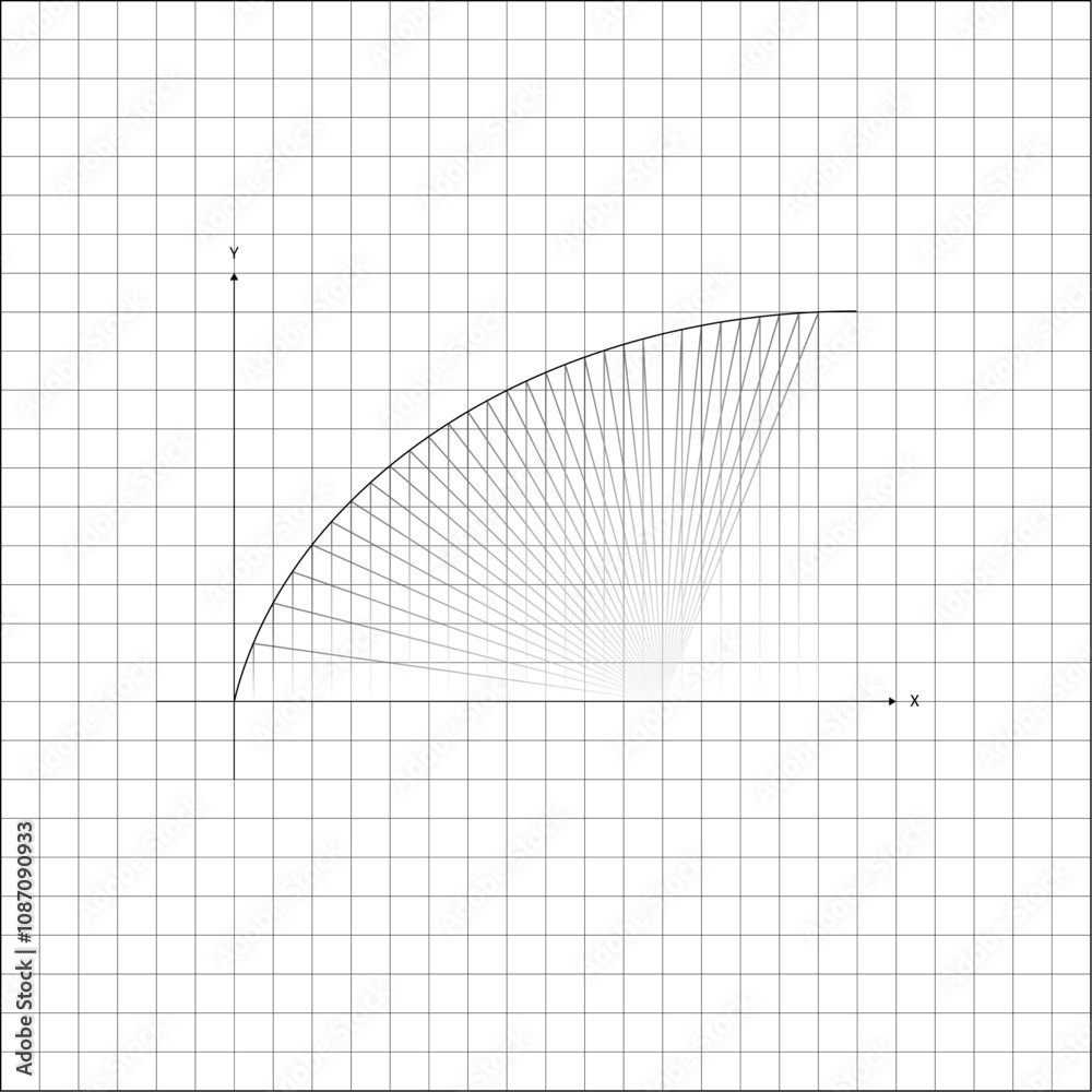 Image of arc of growing graph from zero coordinate point on notebook sheet of checkered paper. School paper sheet lined in cage with mathematical drawing of growing graph. Simple black white vector Image of arc of growing graph from zero coordinate point on notebook sheet of checkered paper. School paper sheet lined in cage with mathematical drawing of growing graph. Simple black white vector