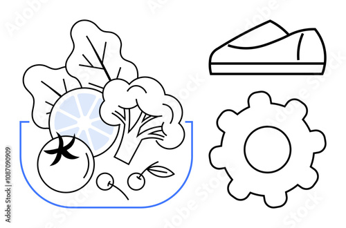 Fresh vegetables including lettuce, tomato, cherry tomatoes, broccoli, and lemon segment in a bowl, alongside a gear and a shoe outline. Ideal for health, fitness, nutrition, technology, engineering
