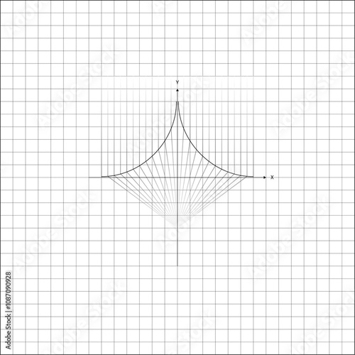 Image of connecting arcs along Y axis on notebook sheet of checkered paper. School paper sheet lined in a cage with mathematical drawing of connecting arcs. Simple black and white vector