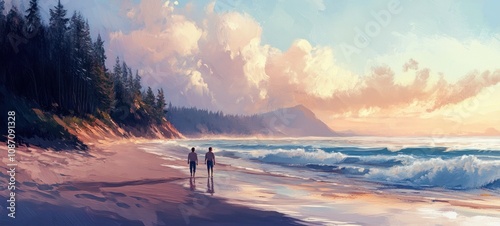 Coastal Serenity: Two Figures Walking on a Sandy Beach at Sunset